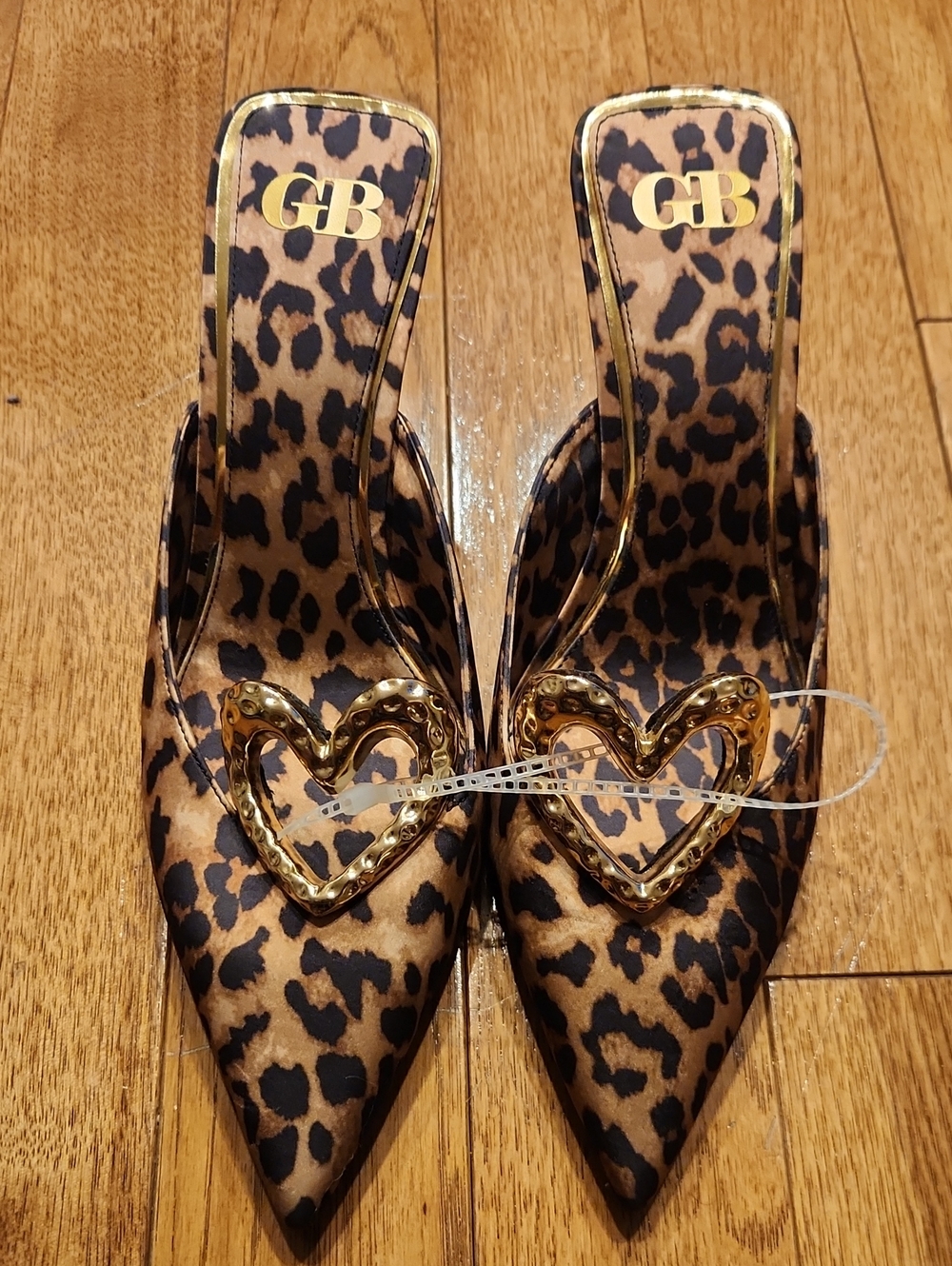 Gianni Bini Leopard Print Pointed Toe Mules with Gold Heart Accent Size 9.5